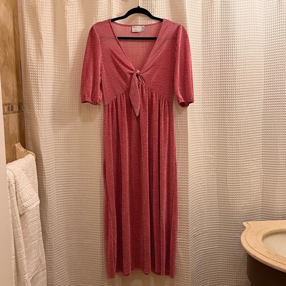 ASOS Design Pink Midi Dress with Knot Detail and Puff Sleeves | Size US 10